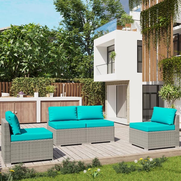 Gardenbee 4-Piece Wicker Outdoor Patio Sectional Sofa Conversation Set with Turquoise Cushions