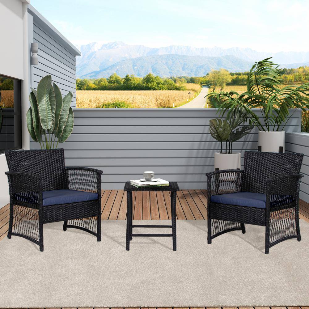 Black Woven Rattan 3-Piece Outdoor Seating Set with Navy Cushions