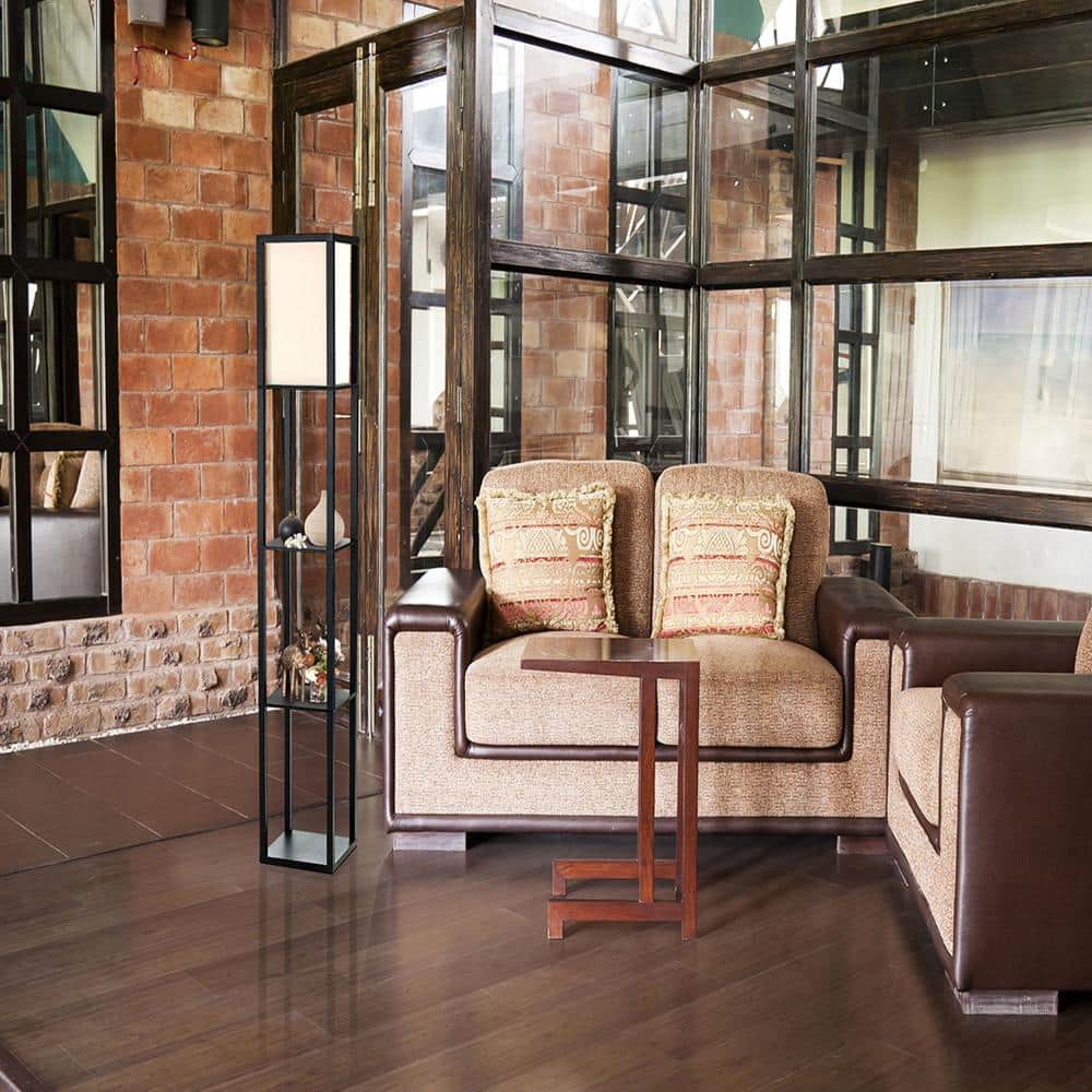Black Rectangular Floor Lamp with Shelves and Linen Shade