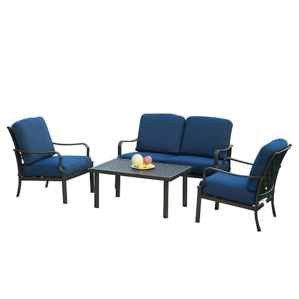 Zeus & Ruta 4-Piece Black Metal Patio Conversation Set with Removable Navy Blue Cushions and Coffee Table for Garden, Lawn and Yard