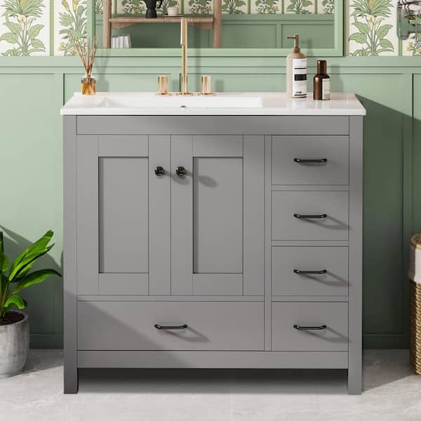 36 in. W Single Sink Freestanding Bath Vanity in Gray with White Ceramic Top and 5-Drawers Unassembled