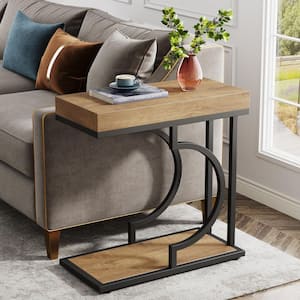 Kerlin 23.6 in. 2 Pieces Brown C Shaped Wood Narrow Side Table Modern End Side Table with 2-Shelf and Black Frame