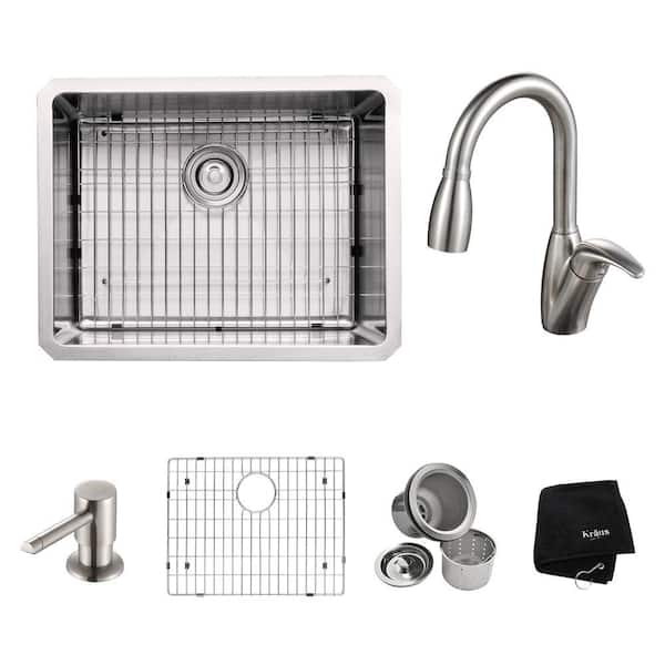 KRAUS All-in-One Undermount Stainless Steel 23 in. Single Bowl Kitchen Sink with Faucet and Accessories in Stainless Steel
