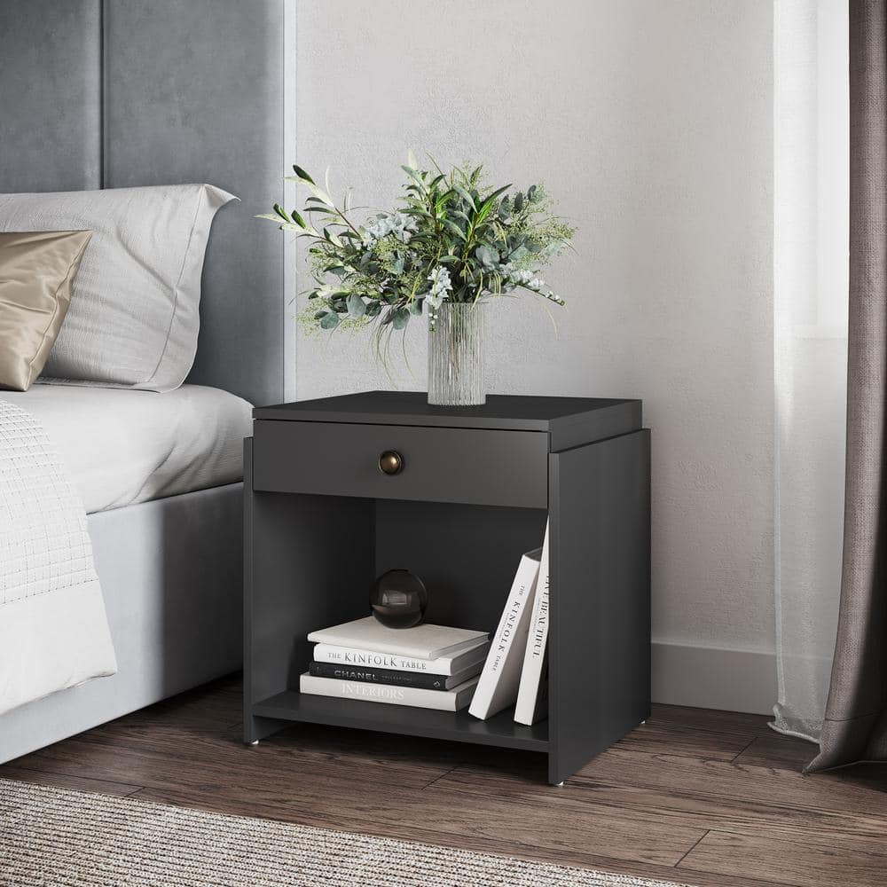 Sydney 1-Drawer Nightstand with Large Open Storage Cubby, Black
