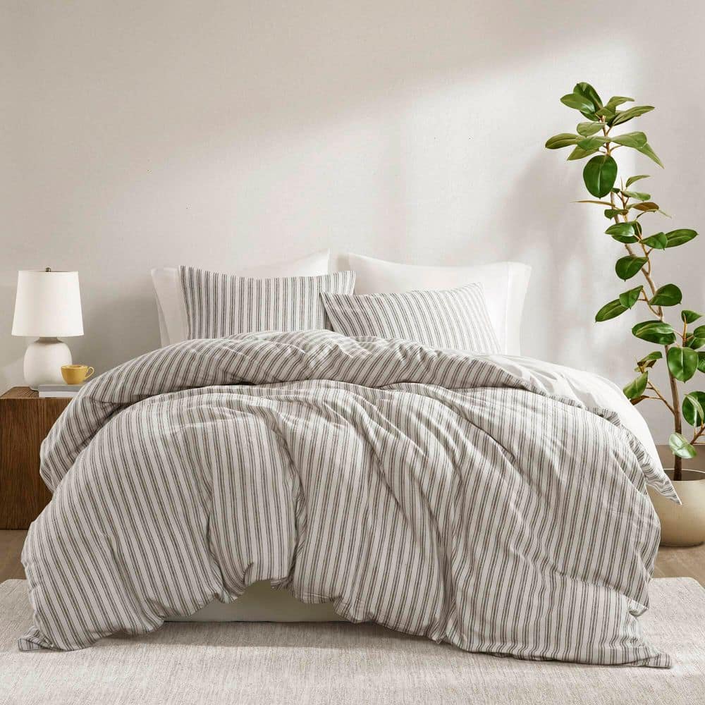 Cora 3-Piece Grey Striped Linen Queen Duvet Set MP12-8713 - The Home Depot