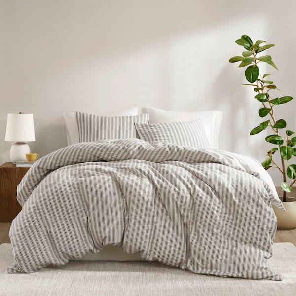 Cora 3-Piece Grey Striped Linen Cal King Duvet Set