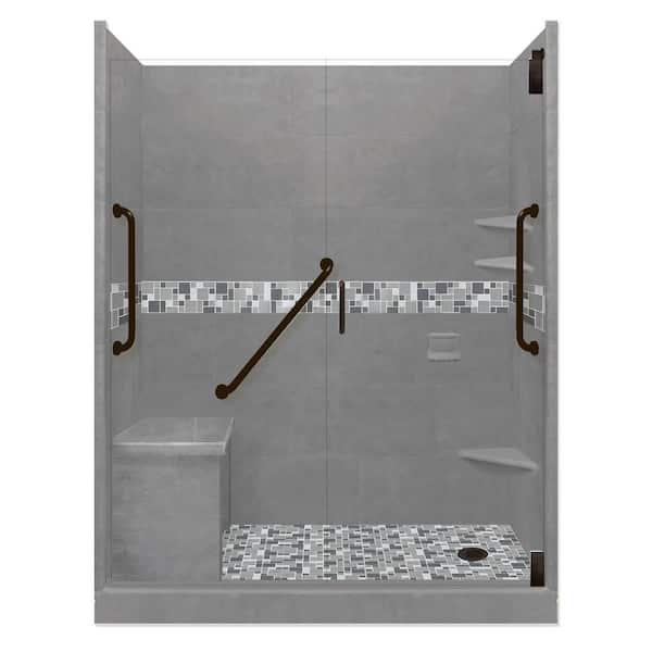 American Bath Factory Newport Freedom Grand Hinged 42 in. x 60 in. x 80 in. Right Drain Alcove Shower Kit in Wet Cement and Black Pipe