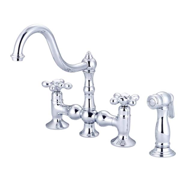 Water Creation 2-Handle Bridge Kitchen Faucet with Plastic Side Sprayer in Triple Plated Chrome