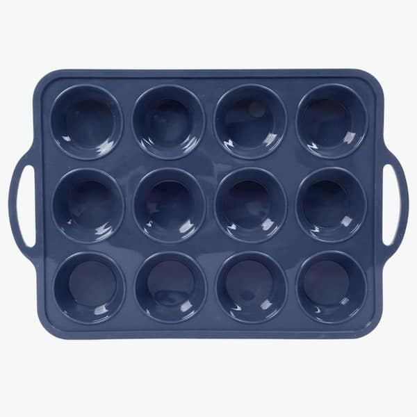 Regular 12-Cup Silicone Muffin Pan with Metal Frame Nonstick Cupcake Mold Tray with Handles Grey 1 Piece