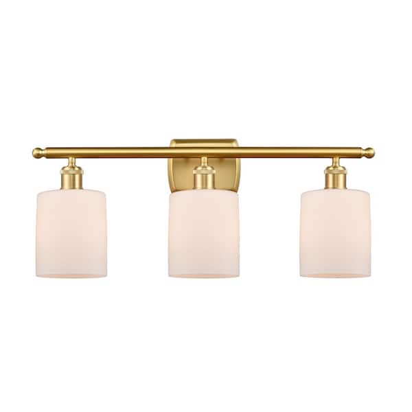 Cobbleskill 26 in. 3-Light Matte White, Satin Gold Vanity Light with White Glass Shade