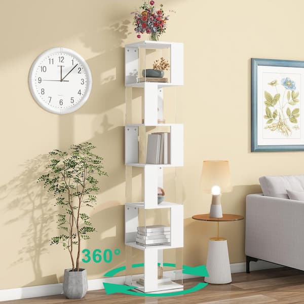 CSC DECOR INC 6 Tiers Rotating Bookshelf 74.8 in. Tall White Wood 360 Spinning Bookcase with Acrylic Plate and Anti-toppling Base