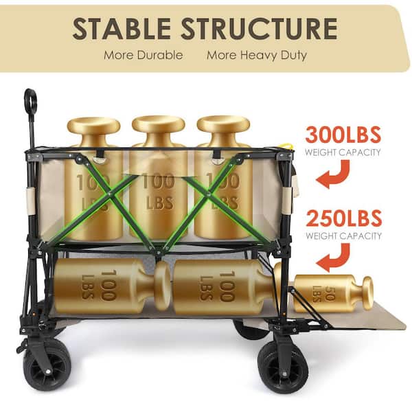 10 cu. ft. Foldable Wagon Cart, Khaki Metal, 550 lbs. Capacity, Collapsible, Heavy Duty for Yard Work and Outdoor Use
