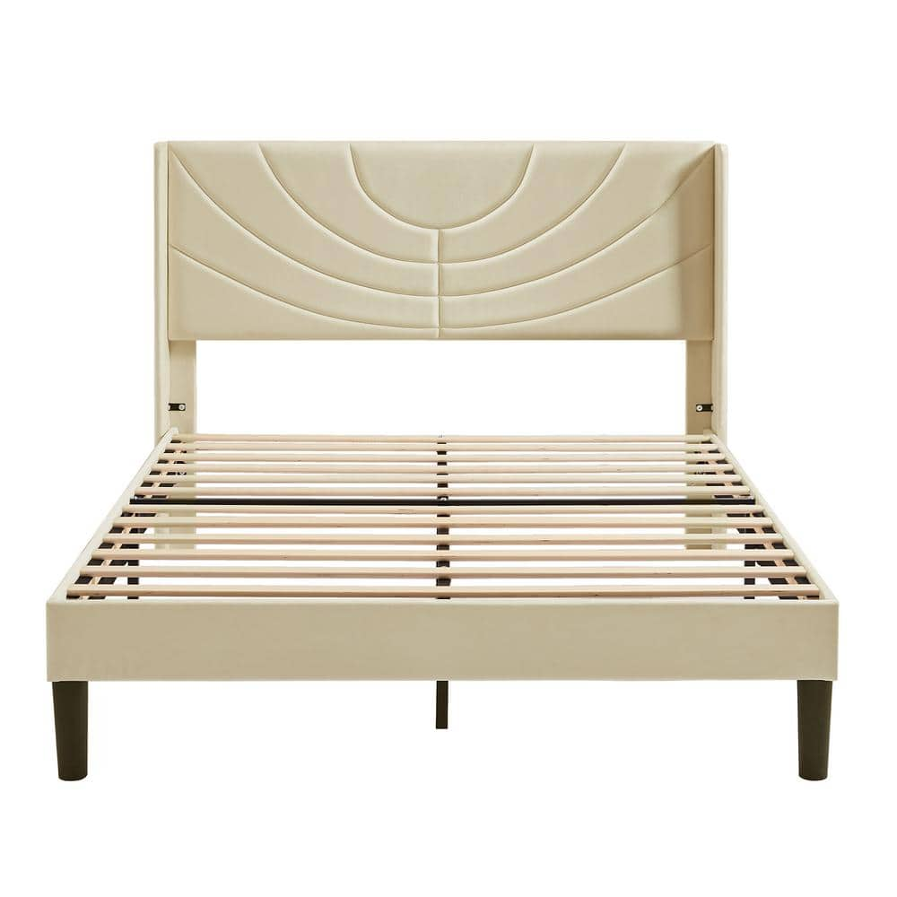 VECELO Upholstered Bed Beige Metal Frame Full Platform Bed With ...