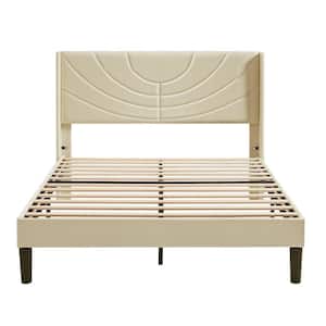 Upholstered Bed Beige Metal Frame Full Platform Bed with Headboard Wood Slat Support