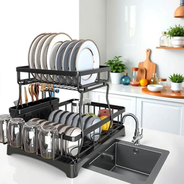 Anqtovp 2-Tier Tableware Drying Rack, 304 Stainless Steel Utensil Dish Rack and Drainage Plate Set in Black for Kitchen