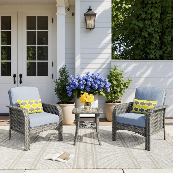 Missisi Gray 3-Piece Wicker Patio Conversation Seating Set with Denim Blue Cushions
