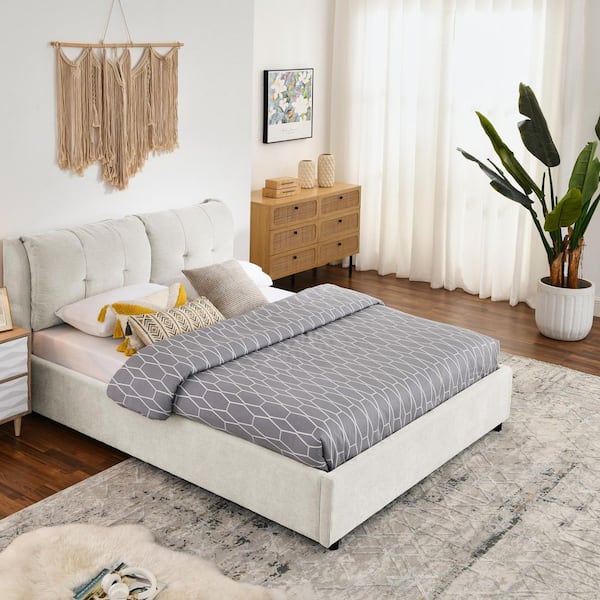 Gerret Beige Wood Frame Queen Chenille Upholstered Hydraulic Platform Bed with Integrated Headboard