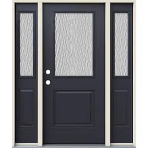 60 in. x 80 in. Right-Hand 1/2 Lite Vapor Hammered Glass Black Steel Prehung Front Door with Sidelites
