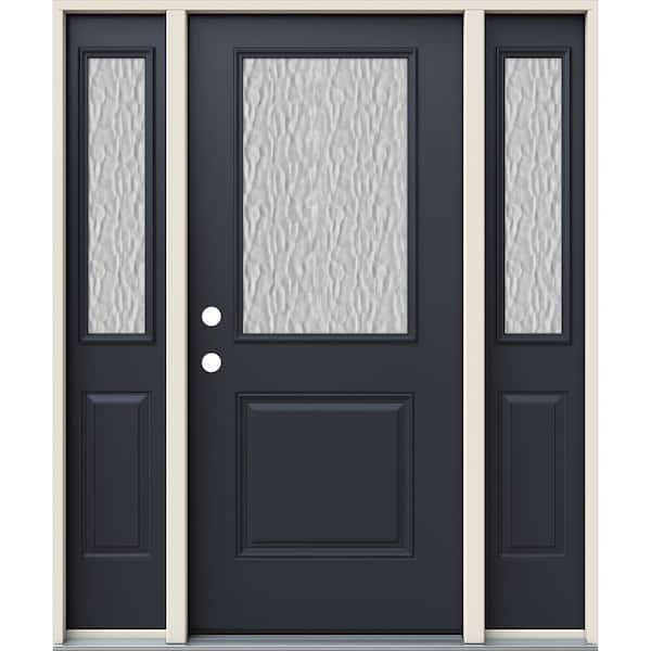 JELD-WEN 60 in. x 80 in. Right-Hand 1/2 Lite Vapor Hammered Glass Black Steel Prehung Front Door with Sidelites