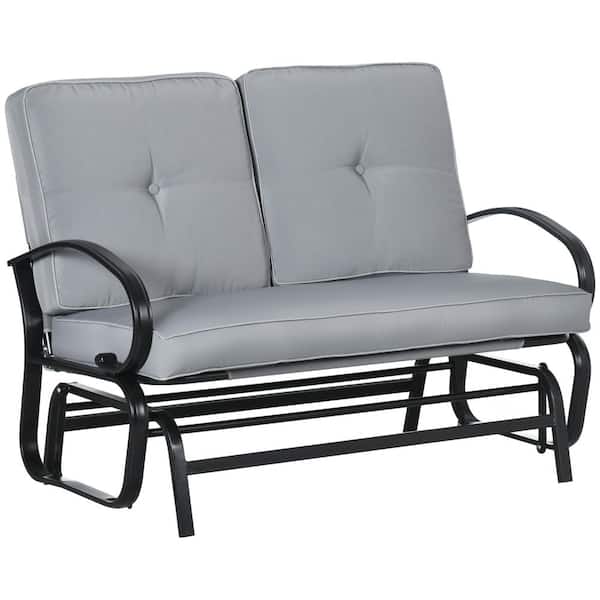 Steel 2-Person Outdoor Glider Bench with Thick Gray Cushions, Patio Rocker Loveseat