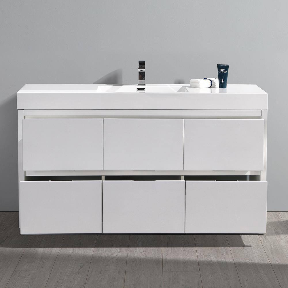 Glossy White 60" Modern Freestanding Vanity with Man-Made Stone Top