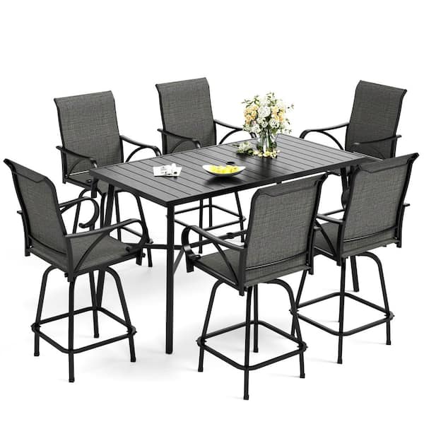 7-Piece Metal Outdoor Patio Bar Height Dining Set with Rectangle Slat Tabletop