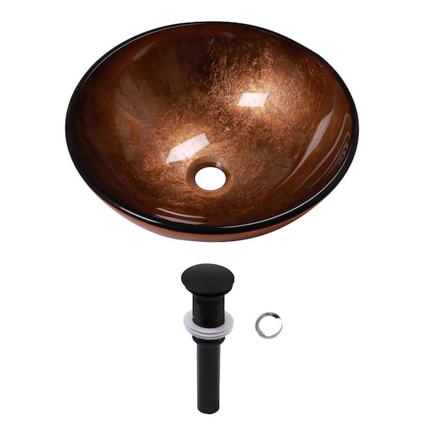 15 in. Above Counter Round Bathroom Glass Vessel Sink Bowl in Brown with Drain