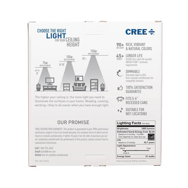 Cree 6 in. 150-Watt Equivalent 2700K Soft White Integrated LED Recessed  Downlight Retrofit Trim TRDL6-1602700FH50-12DE26-1-11 - The Home Depot