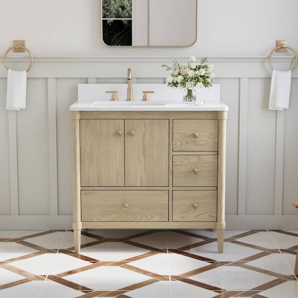 36 in. OAK Solid Wood Bath Vanity White Quartz Top, Single Sink, Soft-Close Doors, Drawers, CUPC Certified, Assembled