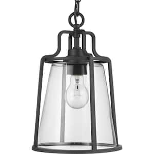 Benton Harbor Collection 1-Light Textured Black Clear Glass Urban Industrial Outdoor Hanging Lantern Light