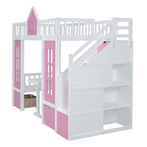 Harper & Bright Designs Pink Twin Over Twin Bunk Bed with