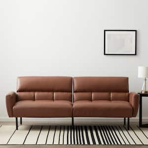 Brown Faux Leather Futon Sofa Bed with Box Tufting