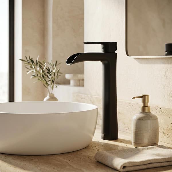 Niko Single Handle Vessel Sink Faucet with Mounting Hardware and Waterfall Spout in Matte Black