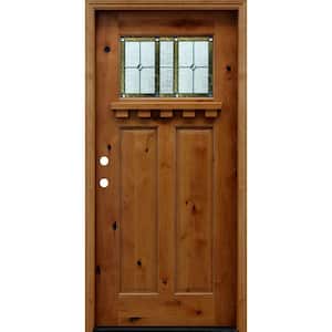 36 in. x 80 in. Craftsman Rustic 1/4 Lite Stained Knotty Alder Wood Prehung Front Door with Dentil Shelf