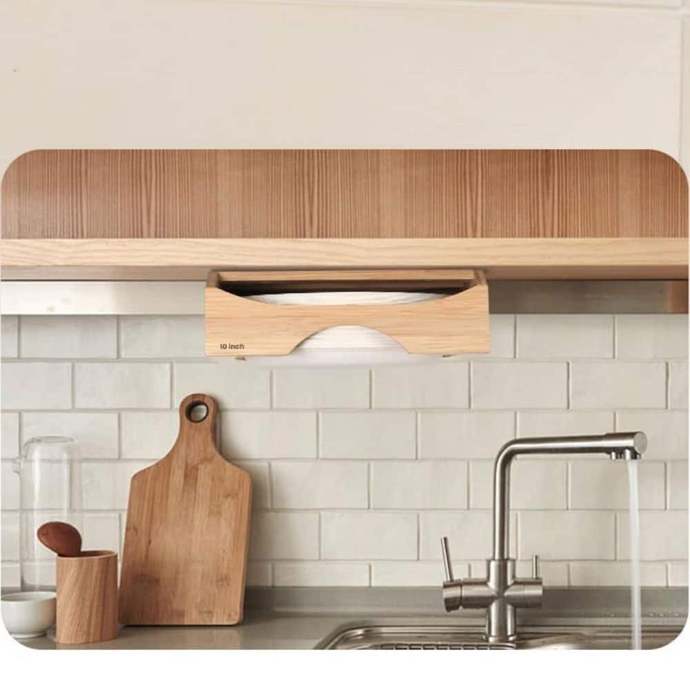 Wudkey 10 Inch Bamboo Paper Plate Dispenser, Under Cabinet and Countertop Vertical Caddy, Sturdy Kitchen Plate Holder Organizer UD3T82_1