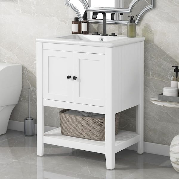 Unbranded 24 in. W x 18.1 in. D x 33.4 in. H Freestanding Bath Vanity in White with White Ceramic Top and Open Style Shelf