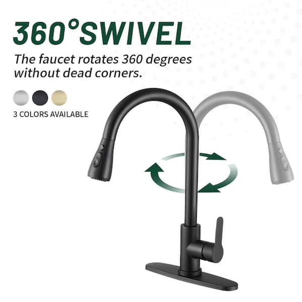 Gooseneck Single-Handle Pull Down Sprayer Kitchen Faucet with Deckplate and Sweep Spray Pull Out Sink Faucet in Black