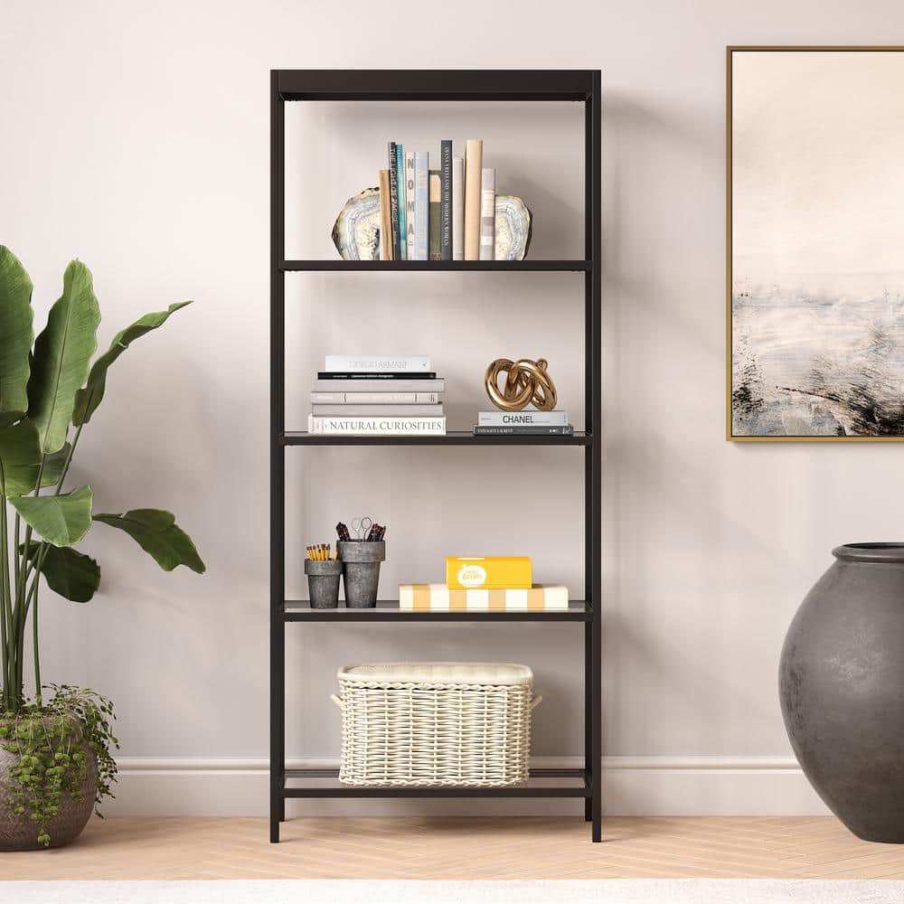 Alexis 70'' High Blackened Bronze Bookcase with Tempered Glass Shelves