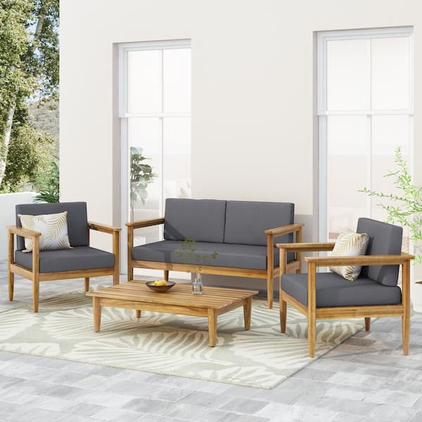 Noble House Magnolia Teak Brown 4-Piece Wood Outdoor Patio Conversation Seating Set with Dark Grey Cushions