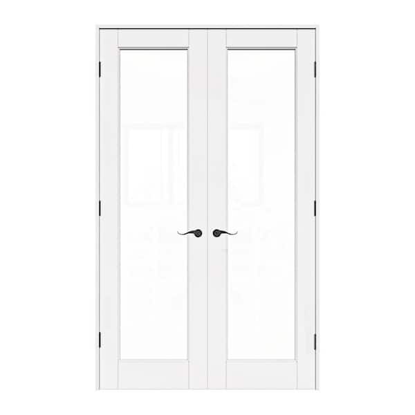 48 in. x 80 in. Universal Handed 1-Lite Frosted Clear Glass White MDF Double Prehung French Door with Assemble Jamb