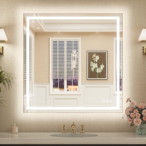 KeonJinn 36 in. W x 36 in. H Rectangular Frameless LED Lighted Bathroom Vanity Mirror with Light with Backlit and Anti-Fog