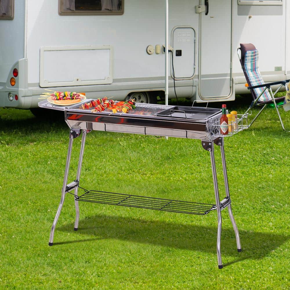 Portable Stainless Steel Charcoal Hibachi Grill with Shelves