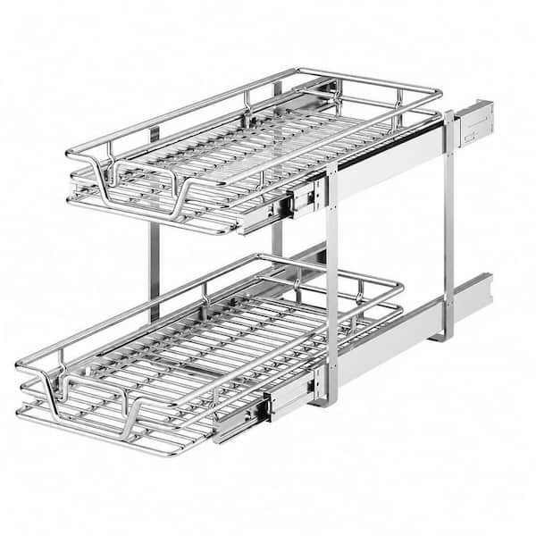 2 Tier Kitchen Cabinet Organizer, Standing Chrome Pull Out Cabinet Storage Pot Rack, Multi Size Slide Out Pantry Basket