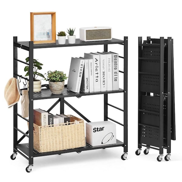 3-Tier Foldable Storage Shelf, 30 in.W x 13 in.D. Folding Metal Rack Shelving Unit Carbon Steel Garage Wall Shelf, Black