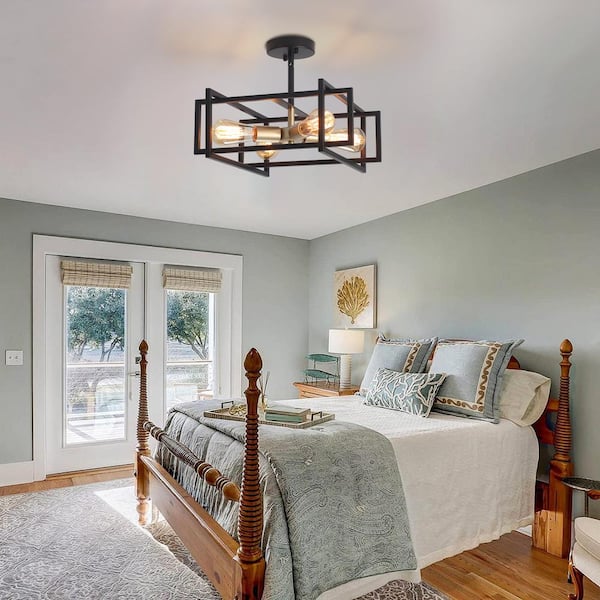 14.96 in. 4-Light Geometric Black and Gold Modern Semi-Flush Mount Ceiling Light with No Bulbs Included