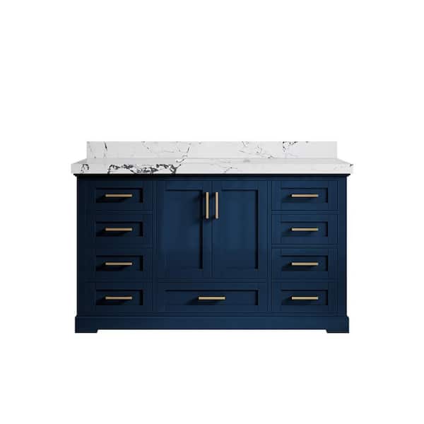 Willow Collections Boston 60 in. Single Sink Freestanding Navy Blue Bath Vanity with Viola Night Qt. Top Unassembled