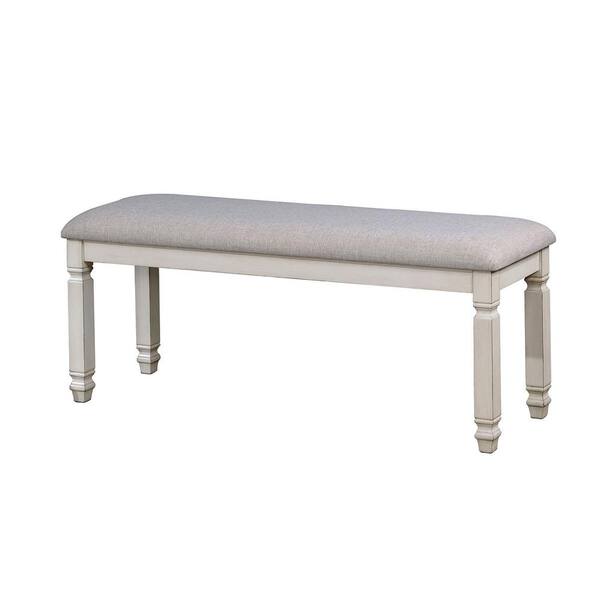 Benjara Fabric Upholstered White Wooden Bench 18.5 in. H x 45 in. W x 14 in. D
