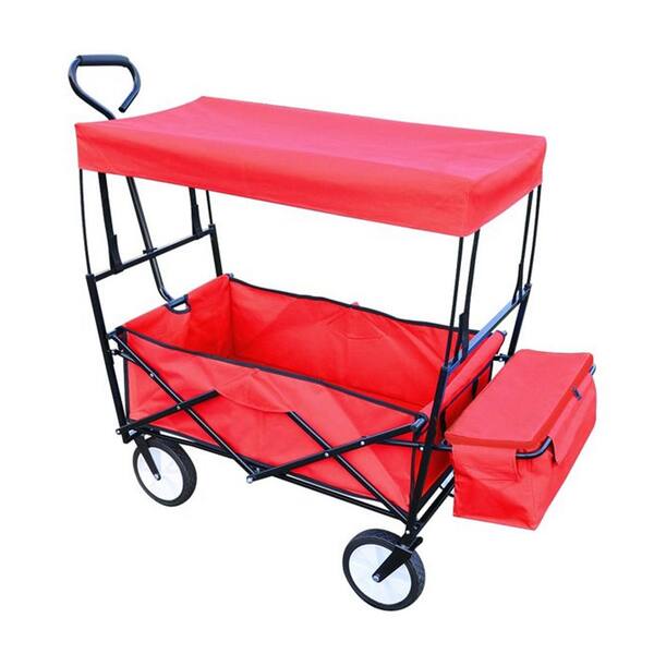 Afoxsos Beach Outdoor 3.7 cu.ft. Red Fabric Collapsible Wagon Folding Garden Cart with Canopy and Adjustable Handle Rear Storage