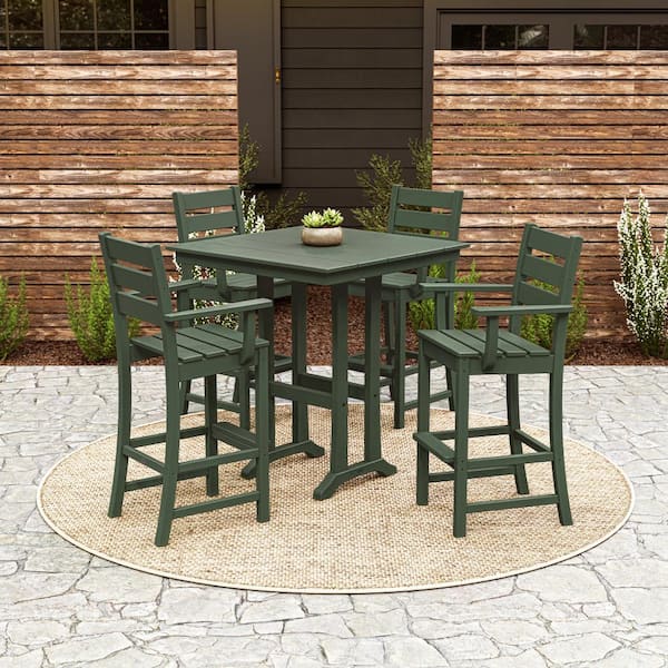 POLYWOOD Grant Park Green 5-Piece HDPE Plastic Arm Chair Farmhouse Trestle Bar Set
