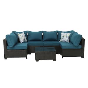 Outdoor Dark Coffee 7-Piece Wicker Patio Conversation Set with Peacock Blue Cushions and Pillows